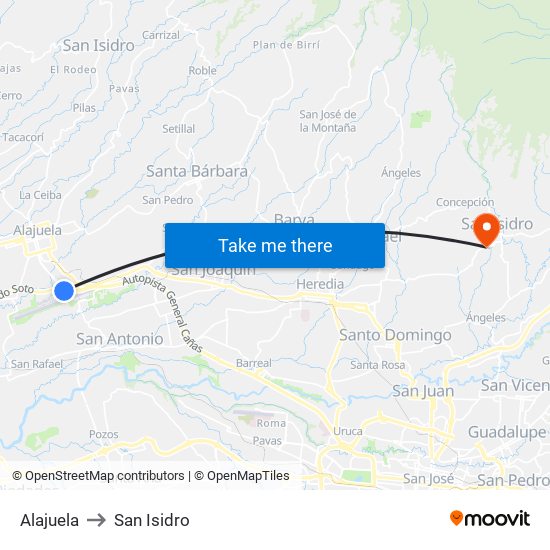 Alajuela to San Isidro map