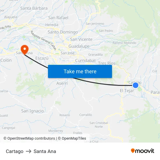 Cartago to Santa Ana map