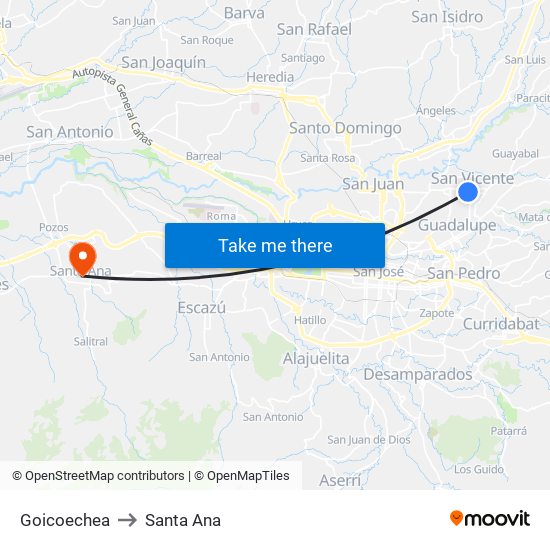 Goicoechea to Santa Ana map