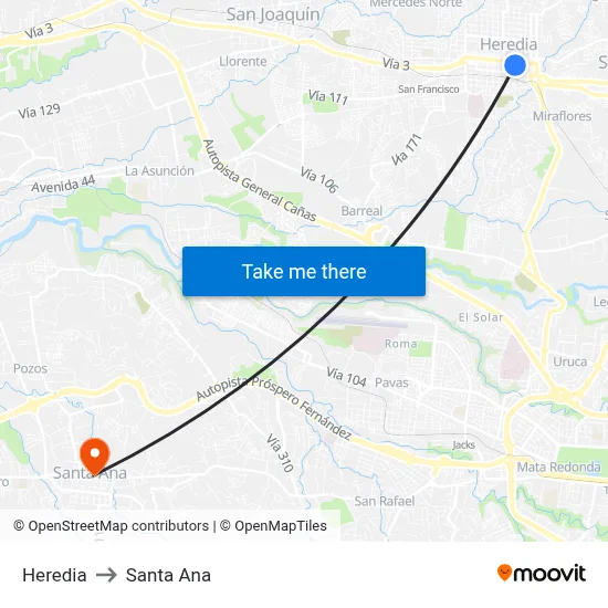 Heredia to Santa Ana map