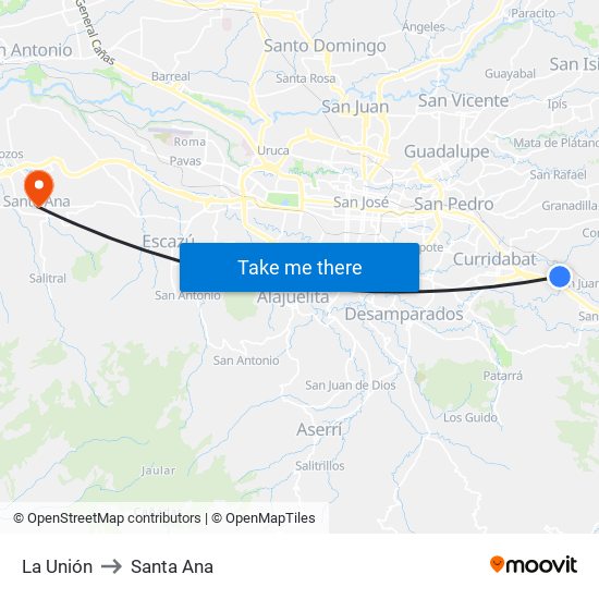 La Unión to Santa Ana map
