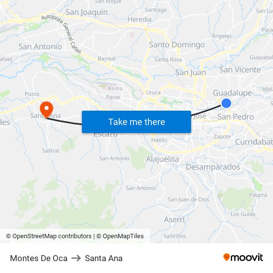 Montes De Oca to Santa Ana map