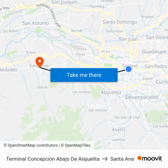 Terminal Concepción Abajo De Alajuelita to Santa Ana map
