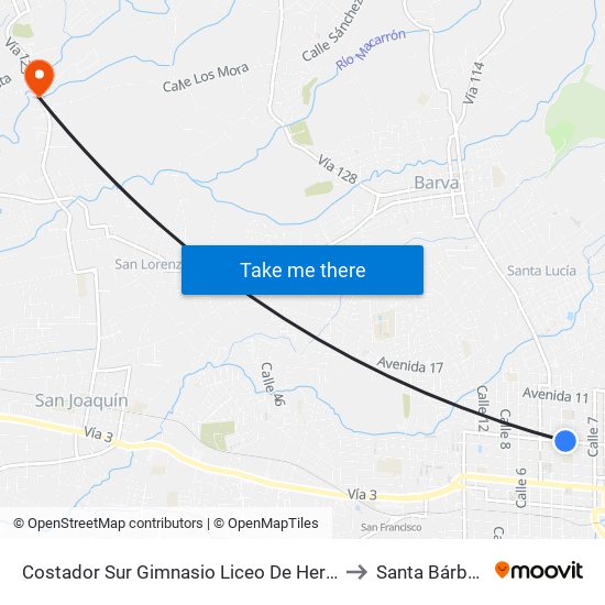 Costador Sur Gimnasio Liceo De Heredia to Santa Bárbara map