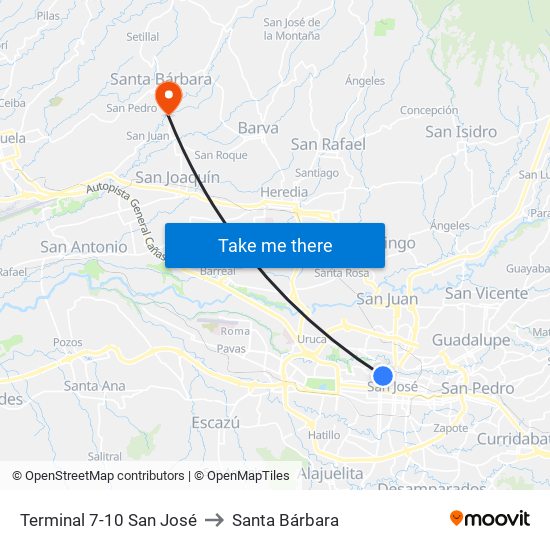 Terminal 7-10 San José to Santa Bárbara map