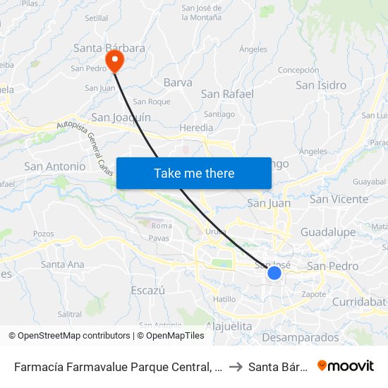 Farmacía Farmavalue Parque Central, San José to Santa Bárbara map