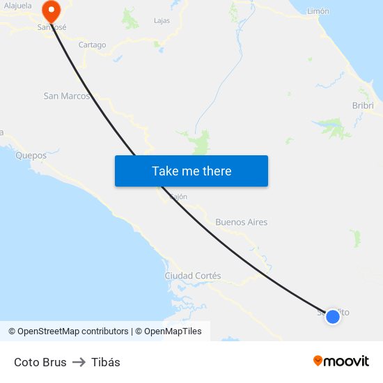 Coto Brus to Tibás map