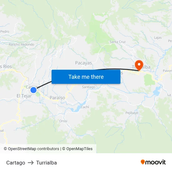 Cartago to Turrialba map