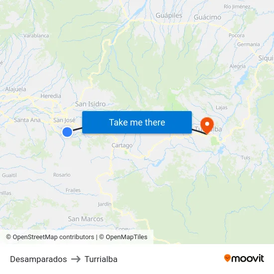 Desamparados to Turrialba map