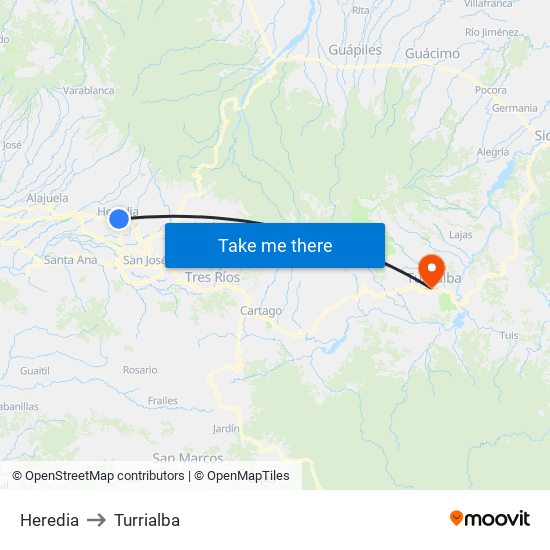 Heredia to Turrialba map