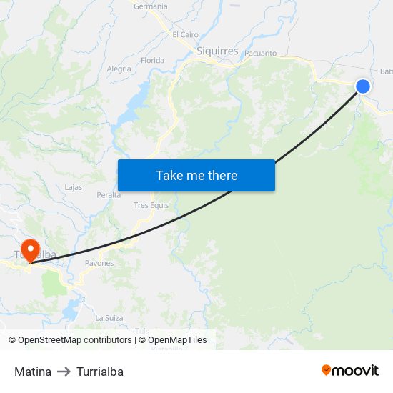 Matina to Turrialba map