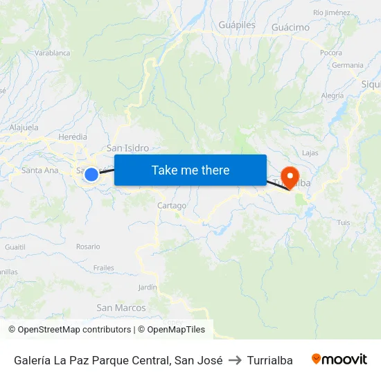 Galería La Paz Parque Central, San José to Turrialba map