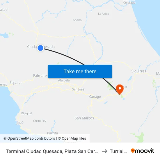 Terminal Ciudad Quesada, Plaza San Carlos to Turrialba map