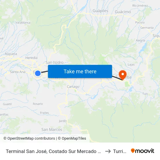 Terminal San José, Costado Sur Mercado La Coca Cola to Turrialba map