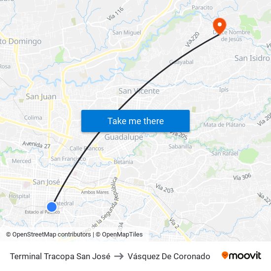Terminal Tracopa San José to Vásquez De Coronado map