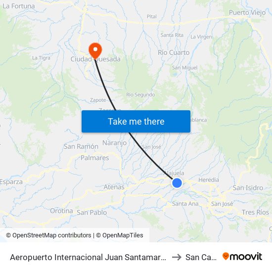 Aeropuerto Internacional Juan Santamaría, Alajuela to San Carlos map