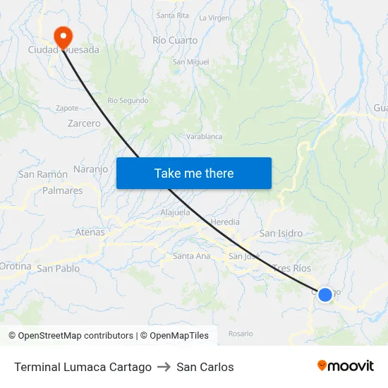 Terminal Lumaca Cartago to San Carlos map