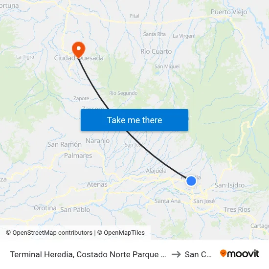 Terminal Heredia, Costado Norte Parque De El Carmén to San Carlos map