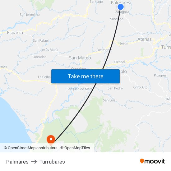 Palmares to Turrubares map