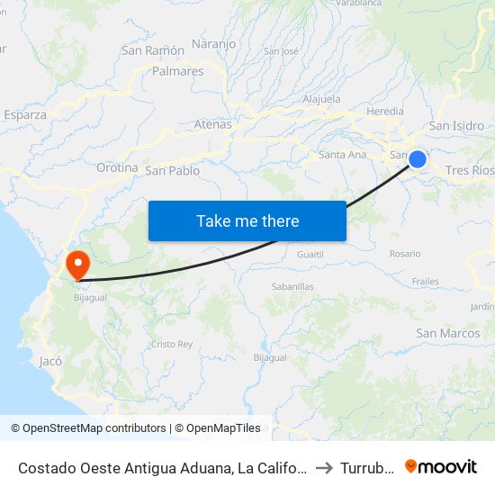 Costado Oeste Antigua Aduana, La California San José to Turrubares map