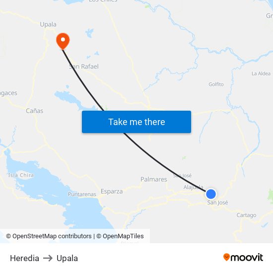 Heredia to Upala map