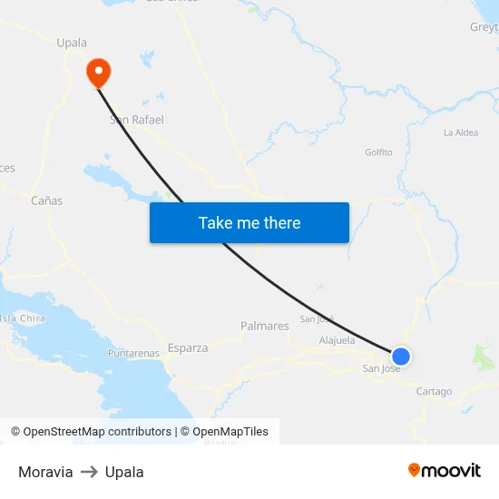 Moravia to Upala map