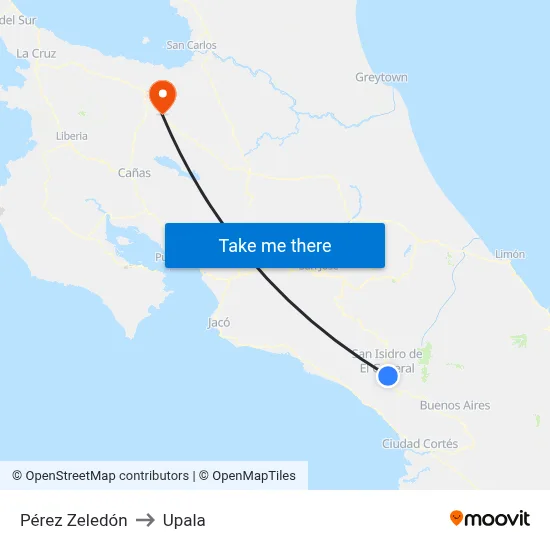 Pérez Zeledón to Upala map