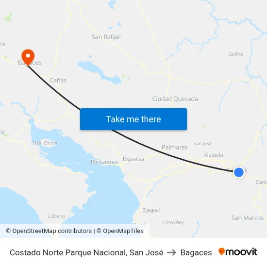 Costado Norte Parque Nacional, San José to Bagaces map