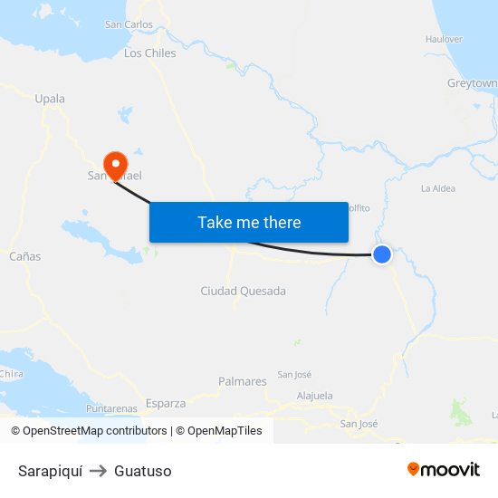 Sarapiquí to Guatuso map