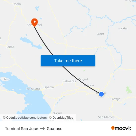 Teminal San José to Guatuso map