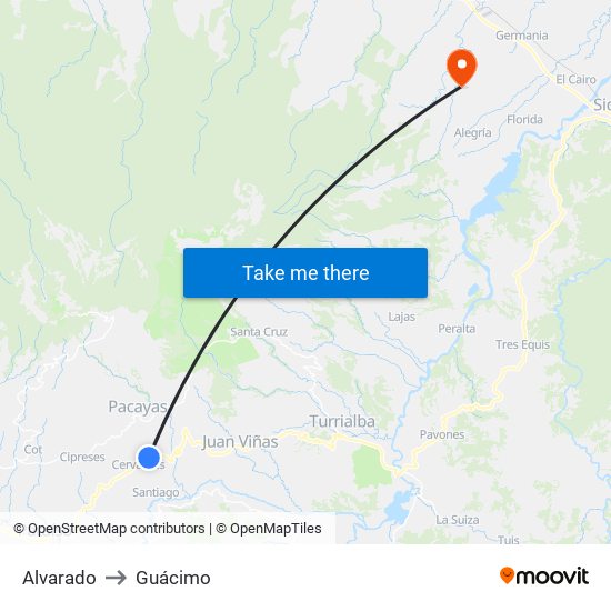 Alvarado to Guácimo map