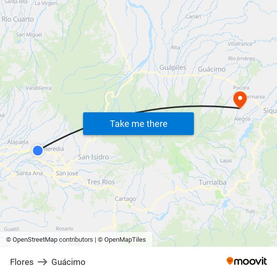 Flores to Guácimo map