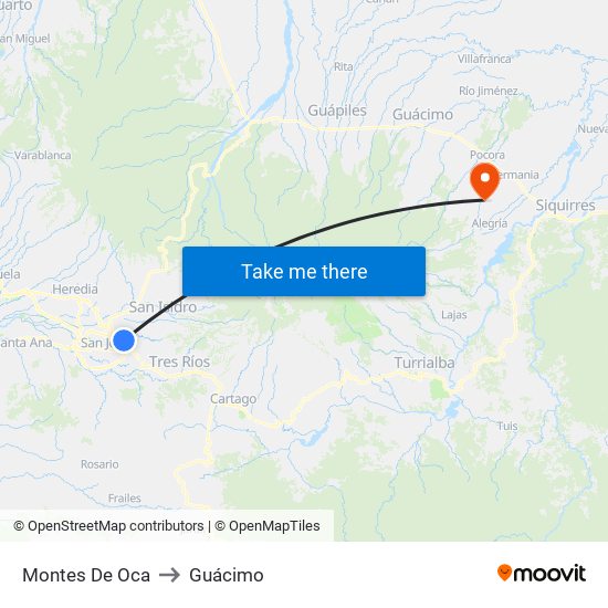 Montes De Oca to Guácimo map