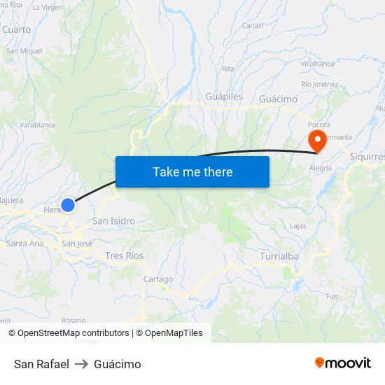 San Rafael to Guácimo map
