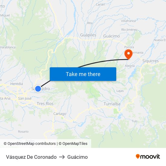 Vásquez De Coronado to Guácimo map