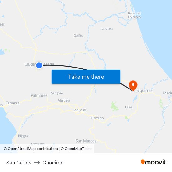 San Carlos to Guácimo map
