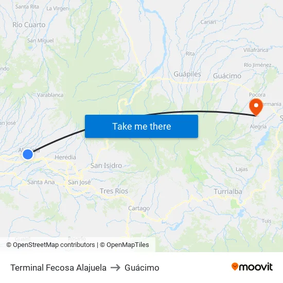 Terminal Fecosa Alajuela to Guácimo map