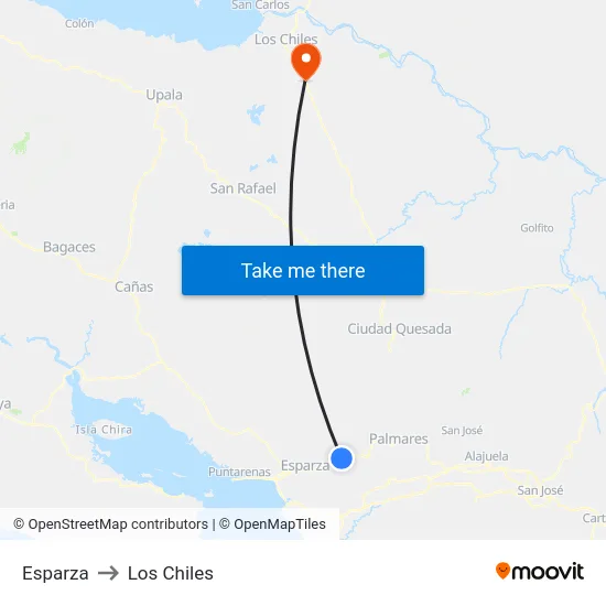 Esparza to Los Chiles map
