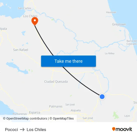Pococí to Los Chiles map