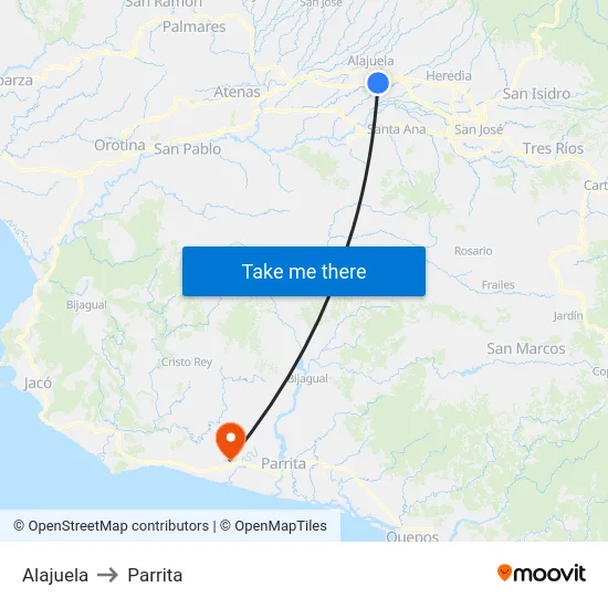 Alajuela to Parrita map