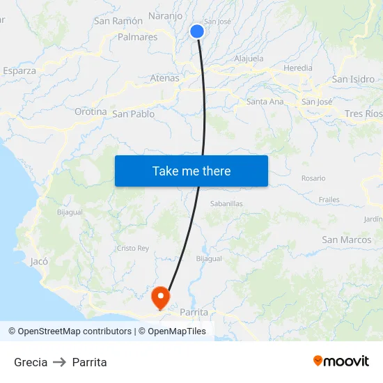 Grecia to Parrita map