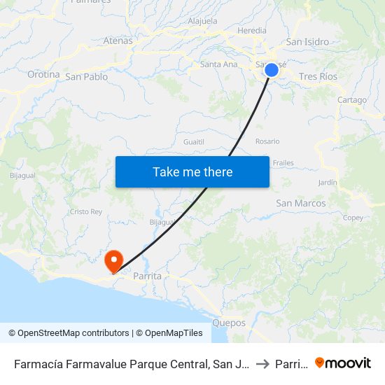 Farmacía Farmavalue Parque Central, San José to Parrita map