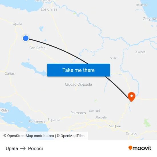 Upala to Pococí map
