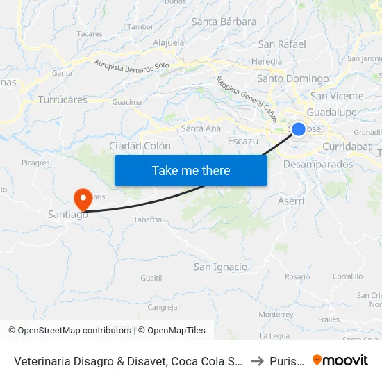 Frente A Papá Gallo, Coca Cola San José to Puriscal map