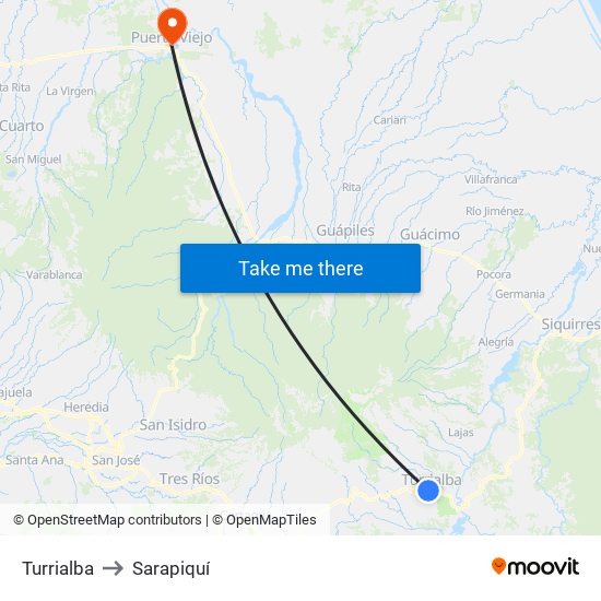 Turrialba to Sarapiquí map