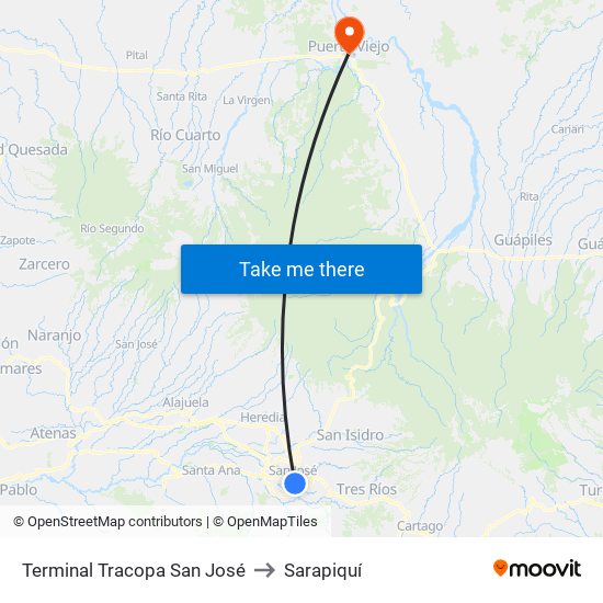 Terminal Tracopa San José to Sarapiquí map