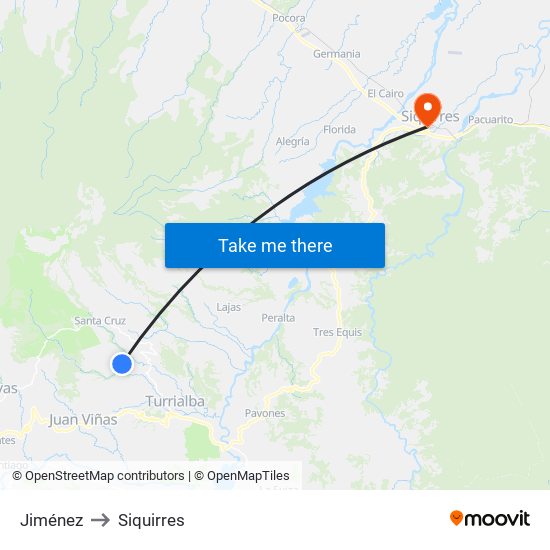 Jiménez to Siquirres map