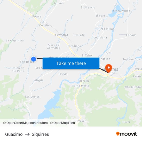 Guácimo to Siquirres map