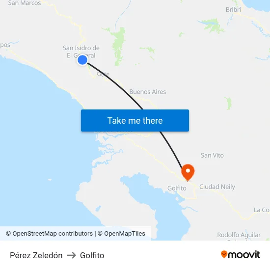 Pérez Zeledón to Golfito map