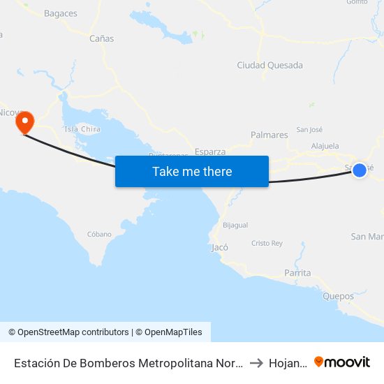 Estación De Bomberos Metropolitana Norte, San José to Hojancha map